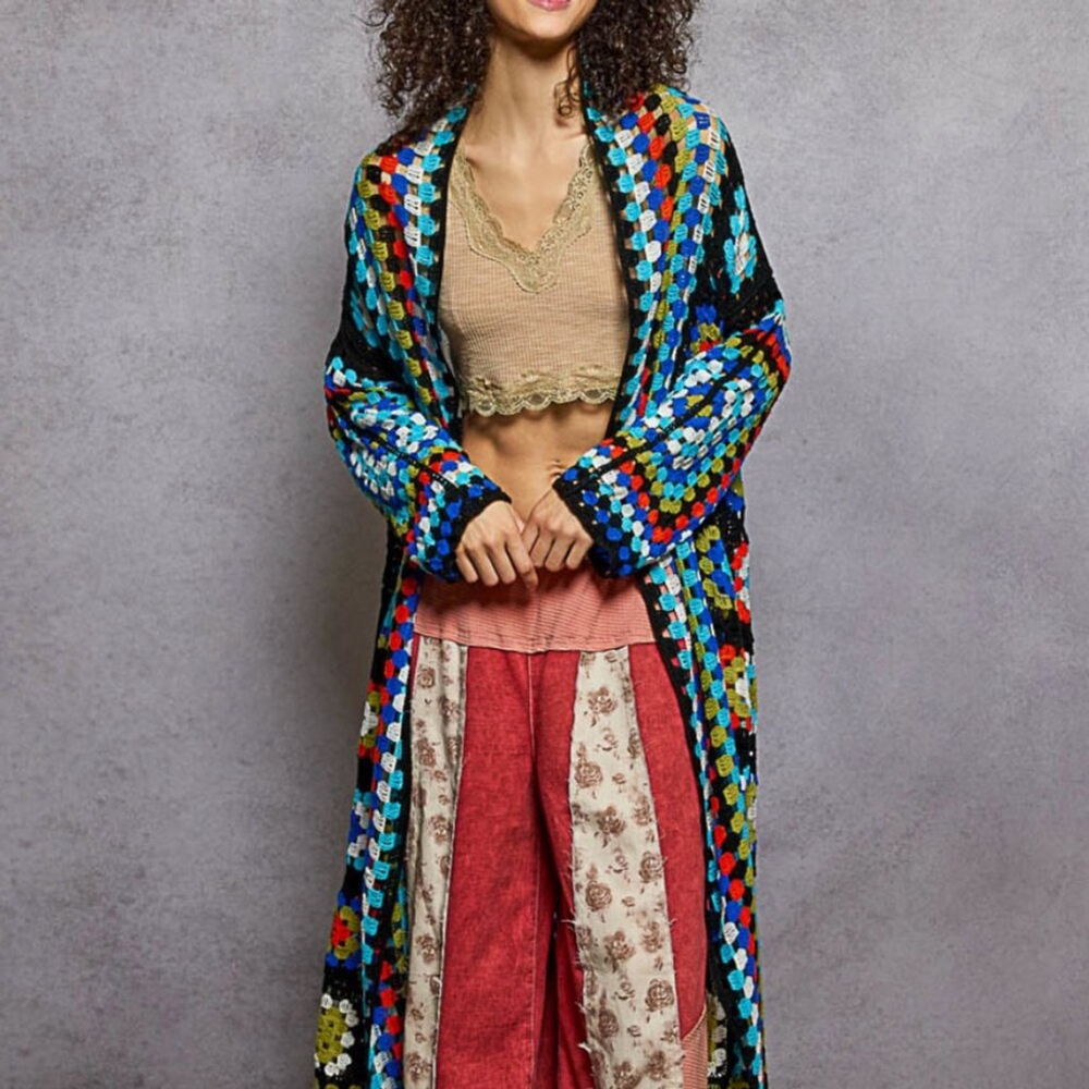 POL Granny Square Crochet Duster Cardigan | Boho Festival One Size - Picture 4 of 8